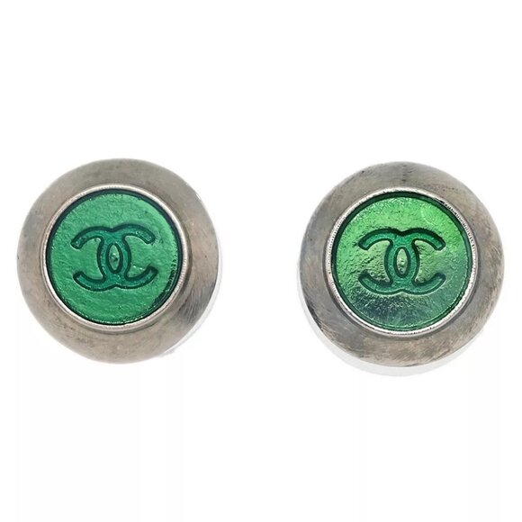 Chanel Button Piercing Earrings Green Silver 99A - Picture 1 of 4